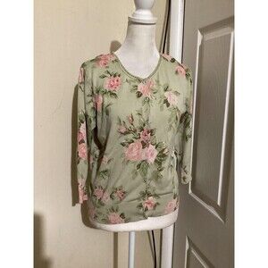 August Silk Sweater Womens Medium Green Pink Floral Button Up Cardigan Silk Knit